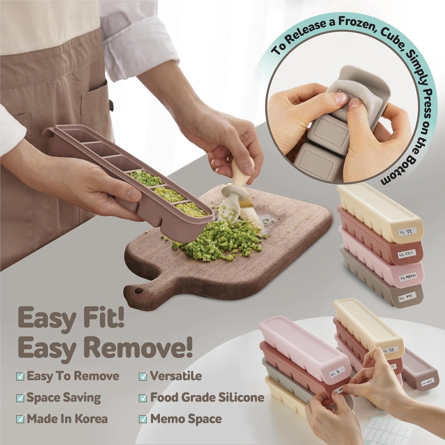 Silicone Ice Cube Freezer Tray with Lid, 100% Food-Grade Platinum Silicone,Leak Resistance & Dishwasher Safe for Baby Food Prep,Breast Milk,Purees - Korean Made (Brown 2-Pack 0.7 oz/12 Sections)