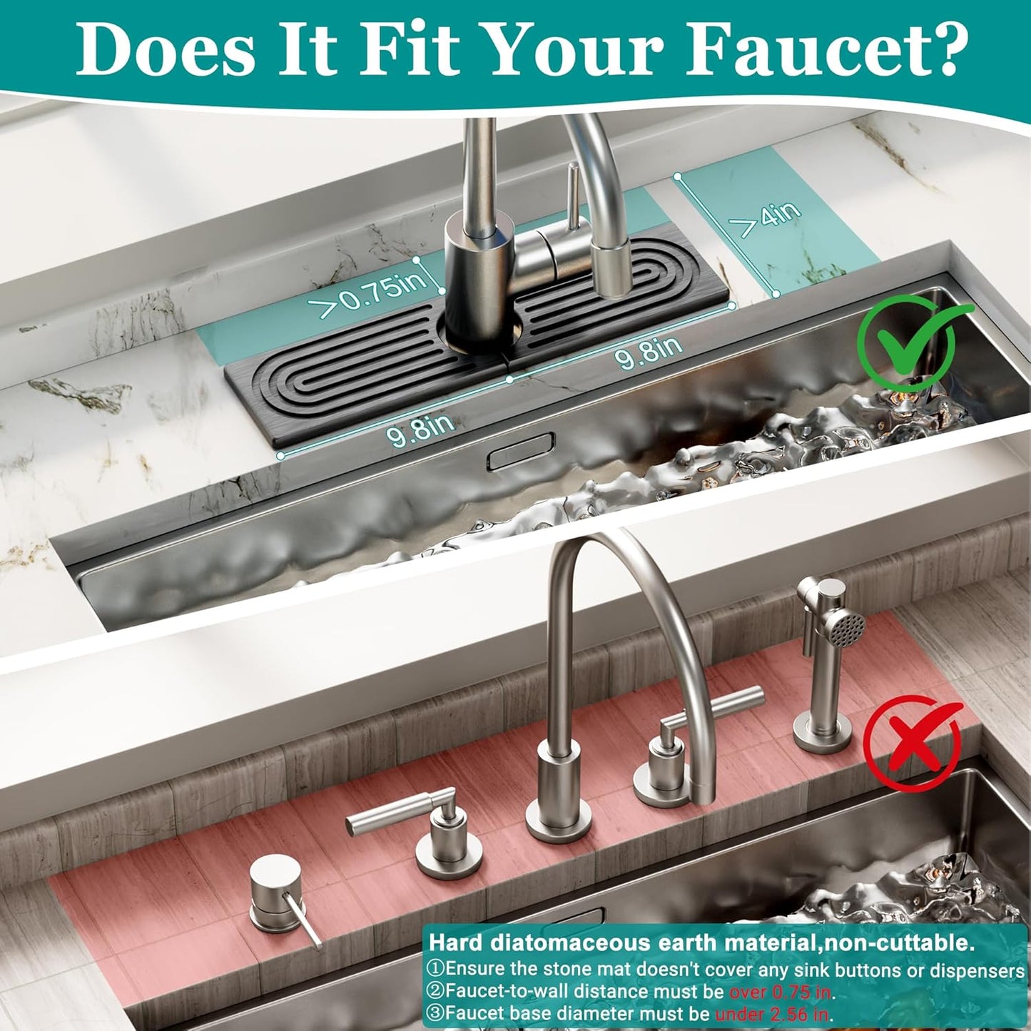 Stone Faucet Mat for Kitchen Sink - Quick Dry Diatomite Sink Splash Guard, Prevents Moisture Buildup & Water Stains, Water Absorbing Stone Tray for Bathroom Countertop (Dark Gray, 20" x 4")