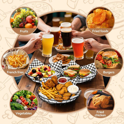 6 Pcs Large Round Metal Wire Bread Baskets 9.8x9.8x1.8 Inch Bread Serving Decorative Sandwich Container Christmas Party Fast Food Basket for Fruit Burger Kitchen Restaurant