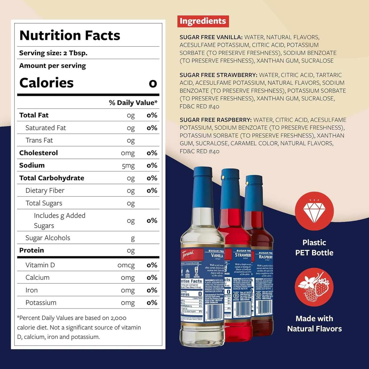 Torani Sugar Free Syrup Variety 3-Pack, Strawberry, Raspberry, and Vanilla, Zero-Calorie Syrups for Drinks, Pumps Included, 25.4 Oz Ea