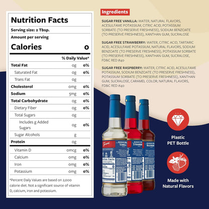 Torani Sugar Free Syrup Variety 3-Pack, Strawberry, Raspberry, and Vanilla, Zero-Calorie Syrups for Drinks, Pumps Included, 25.4 Oz Ea