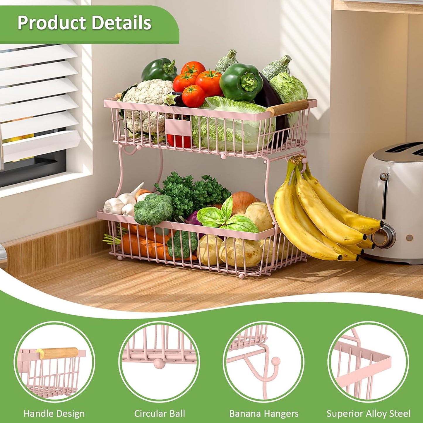 2 Tier Fruit Basket for Kitchen Counter with 2 Banana Hangers, Countertop Metal Fruit Bowl with Wooden Handle, Large Storage Stand for Vegetables, Snacks, Breads, Produce Storage – Pink