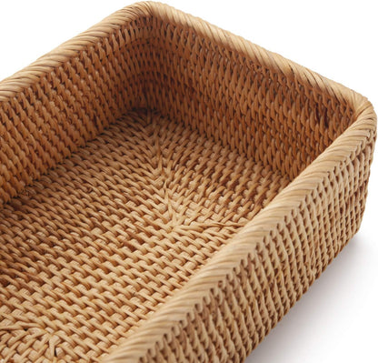 Natural Rattan Fruit Storage Baskets Rectangular Woven Wicker Box for Key Holder Remote Stackable Natural Set of 3