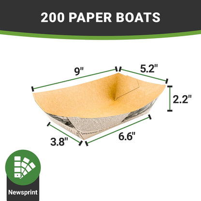 Restaurantware Bio Tek 2 Pound Food Boats 200 Disposable Paper Food Trays - Heavy-Duty Greaseproof Newsprint Paper Boats For Snacks Appetizers Or Treats Use At Parties Or Carnivals
