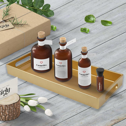 Plastic Gold Vanity Tray with Handles, Small Decorative Tray Desktop Storage Organizer for Bathroom, Living Room, 13.7"*5.9"*1.37"