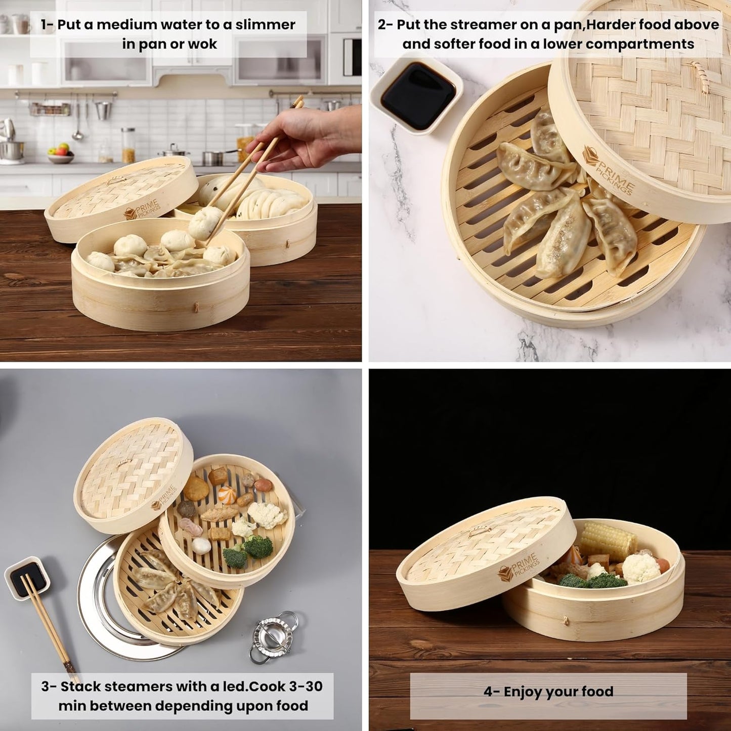 Bamboo Steamer Basket | 2-Tier Handmade Basket Dumpling Steamer Basket-Traditional Design bamboo steamer for Cooking Dumpling Bao Bun, Rice Potsticker Steaming Chinese Asian Food & Vegetables