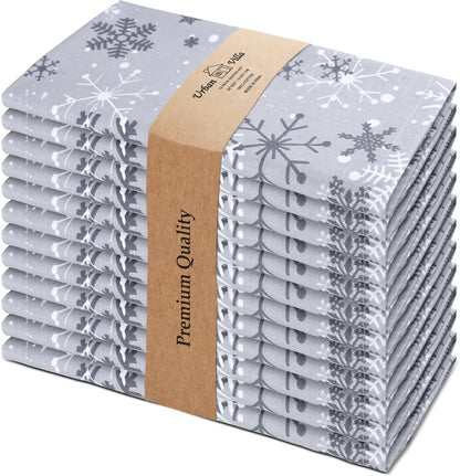 Urban Villa Christmas Dinner Napkins Grey Snowflake Print Cloth Napkins Set of 12 Size 20x20 Inches 100% Cotton Dinner Napkins for Christmas Celebrations Wedding Parties Everyday use Soft Quality