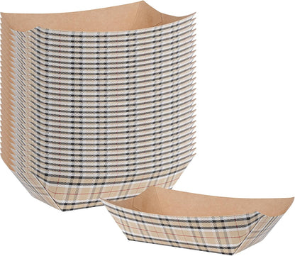 Restaurantware Bio Tek 1 Pound Food Boats 200 Disposable Paper Food Trays - Heavy-Duty Greaseproof Plaid Paper Food Boats For Snacks Appetizers Or Treats Use At Parties Or Carnivals