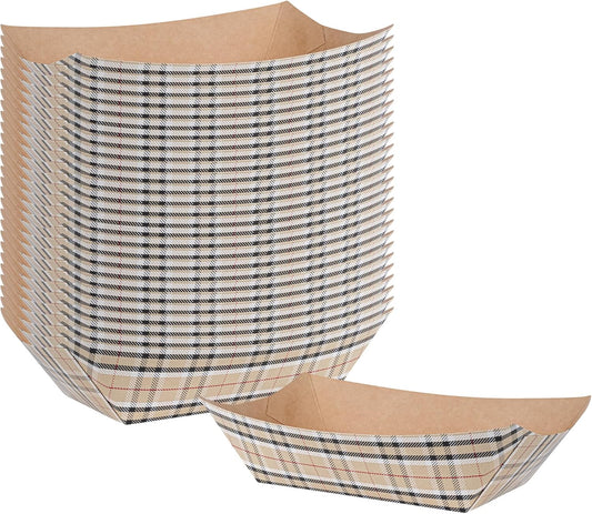 Restaurantware Bio Tek 1 Pound Food Boats 200 Disposable Paper Food Trays - Heavy-Duty Greaseproof Plaid Paper Food Boats For Snacks Appetizers Or Treats Use At Parties Or Carnivals