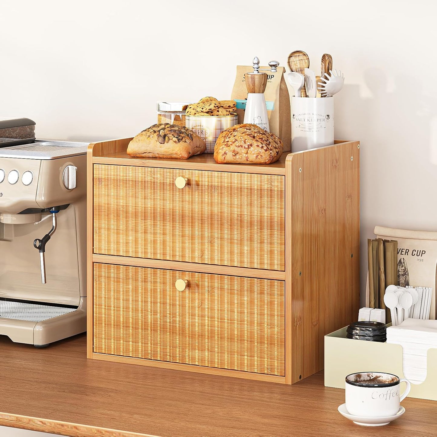 Rustic Bread Box for Kitchen Countertop Bamboo Bread Storage Container Bin Double Layer BreadBox Farmhouse Large Capacity Food Organizer (Natural Bamboo)