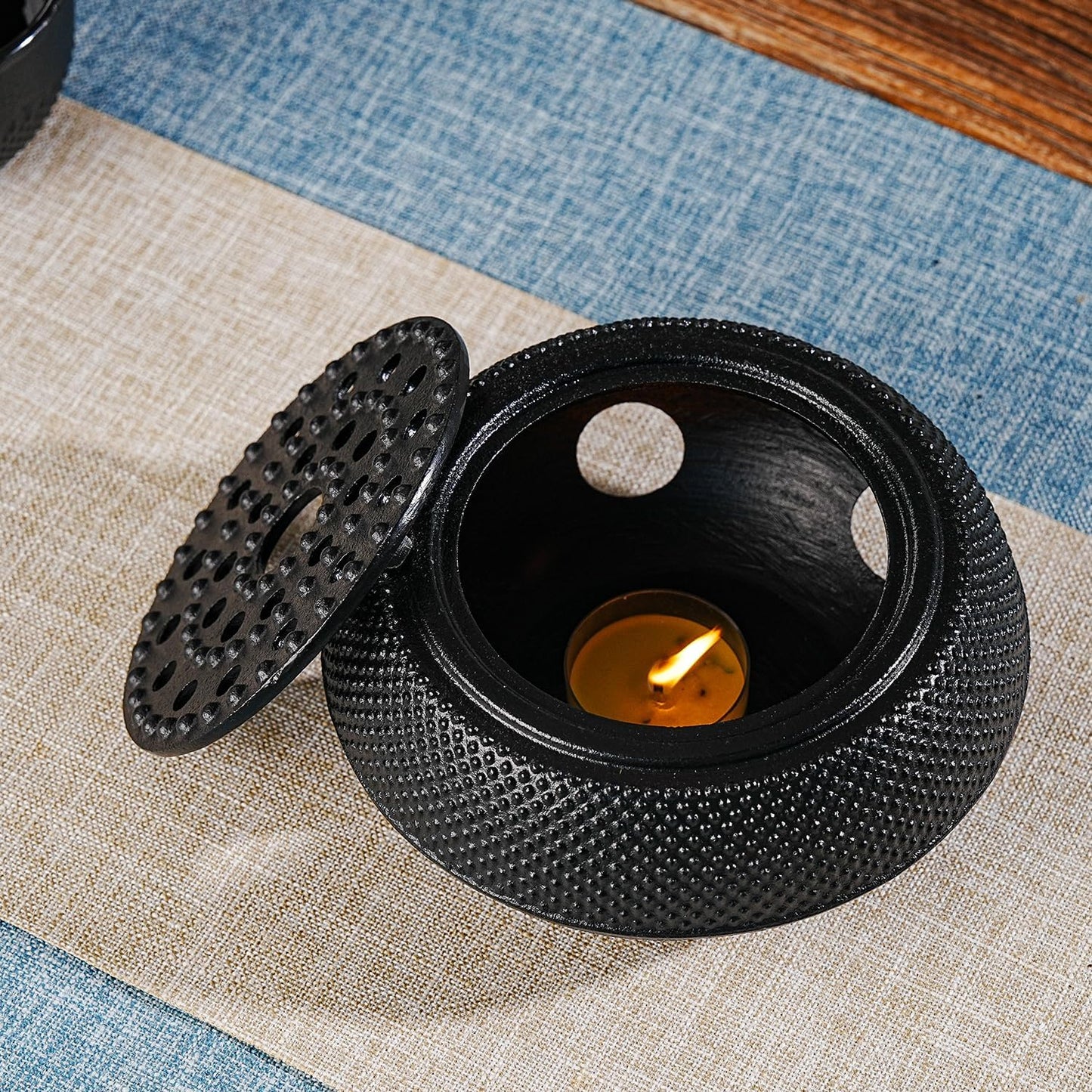 Sungmor Black Cast Iron Teapot Warmer - Japanese Tea Heater Base with Candle Holder, Heat Retaining Stand for Tetsubin or Glass & Ceramic Teapots