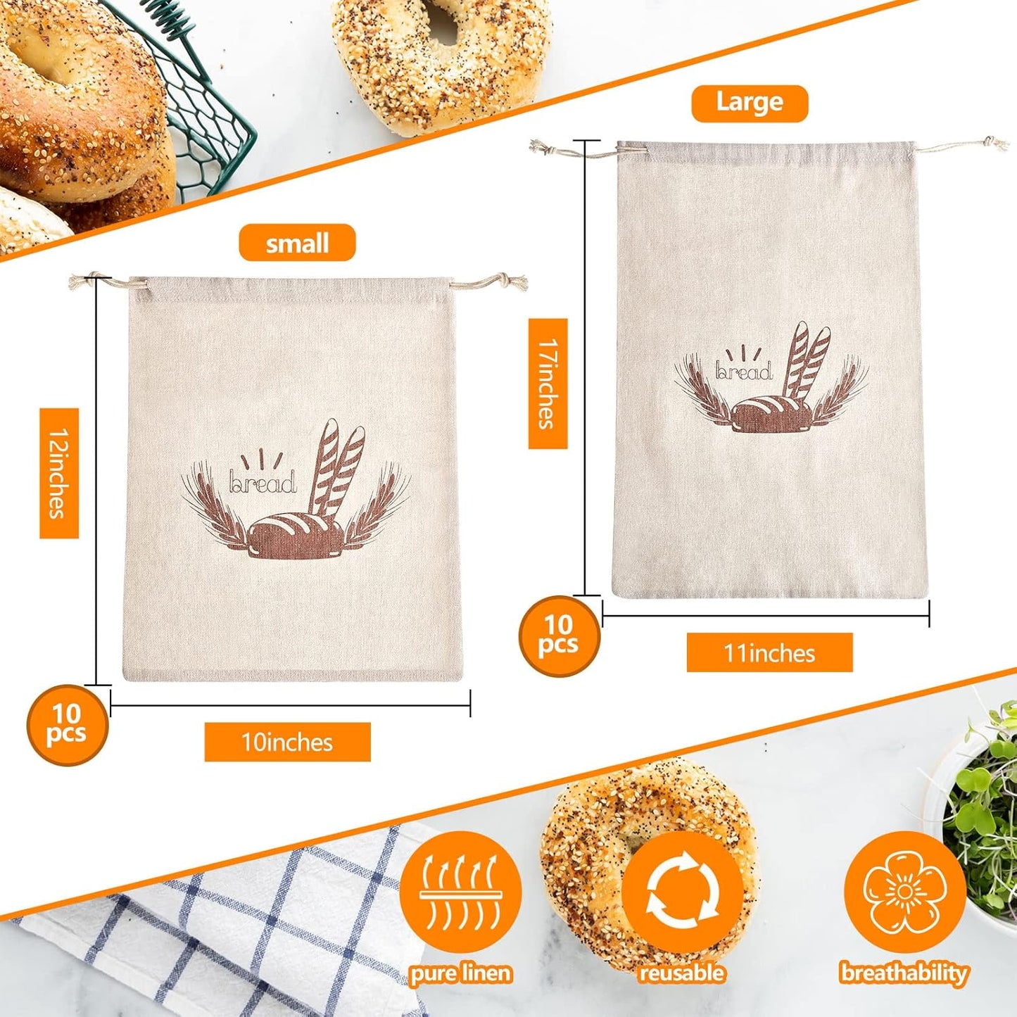 Dunzy 20 Pcs Linen Bread Bag for Homemade Bread 2 Sizes 10" x 12" and 11" x 17" Reusable Unbleached Container Drawstring Natural Bags Storage for Food Baking Kitchen Sandwich Bakery Picnic Wedding