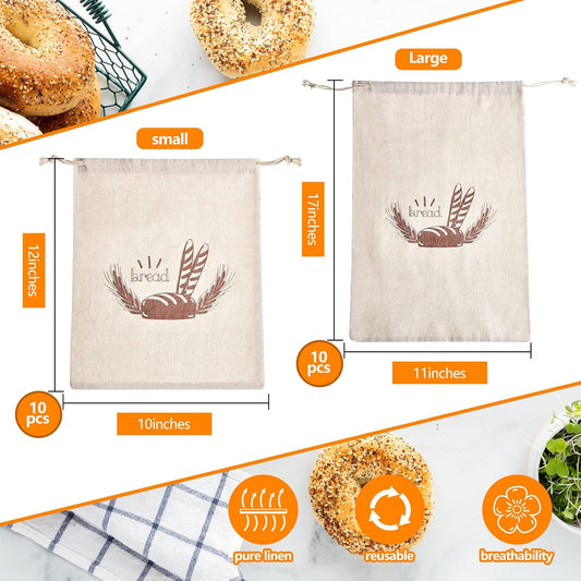 Dunzy 20 Pcs Linen Bread Bag for Homemade Bread 2 Sizes 10" x 12" and 11" x 17" Reusable Unbleached Container Drawstring Natural Bags Storage for Food Baking Kitchen Sandwich Bakery Picnic Wedding