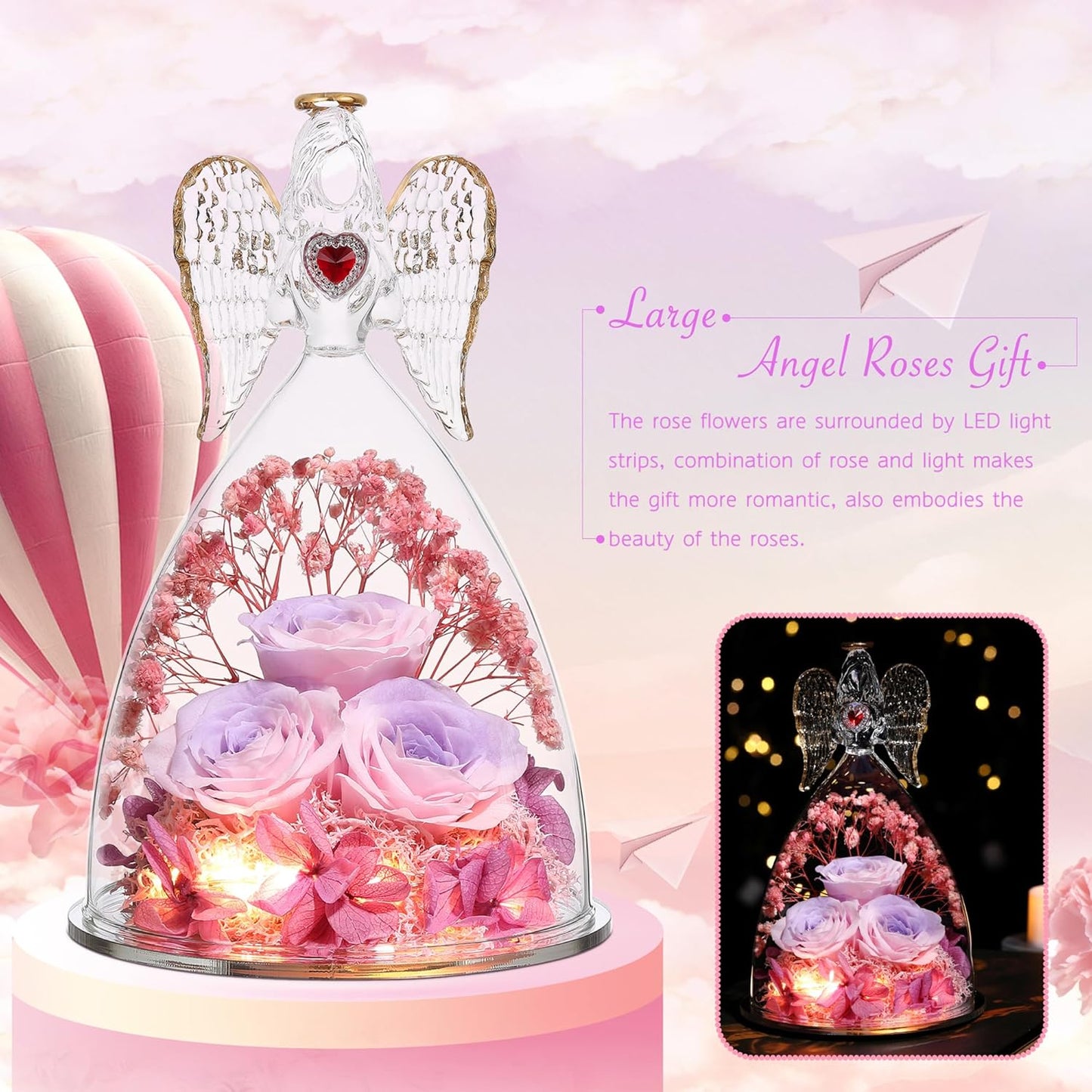 Mothers Day Rose Gifts for Women, Large Angel Figurines with Real Roses, Preserved Real Flower Rose for Her, PinkPurPink