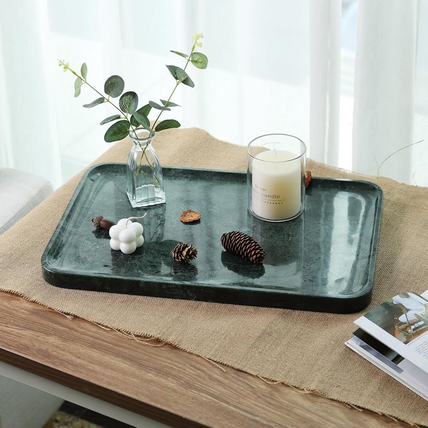 Marble Vanity Tray, 18in Stone for Bathroom Countertop, 17 3/4'' Oversized Dresser Decorative Organizer, Luxury Kitchen Serving Plate, Kitchen Sink Storage Tray, Perfume, Jewelry Holder(Green)