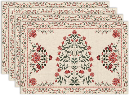 Vintage Floral Placemats Set of 4, 12x18 Inch Rustic Boho Persian Carpet Turkish Tribal Bohemia Holiday Farmhouse Coffee Table Mats for Party Kitchen Dining Decoration