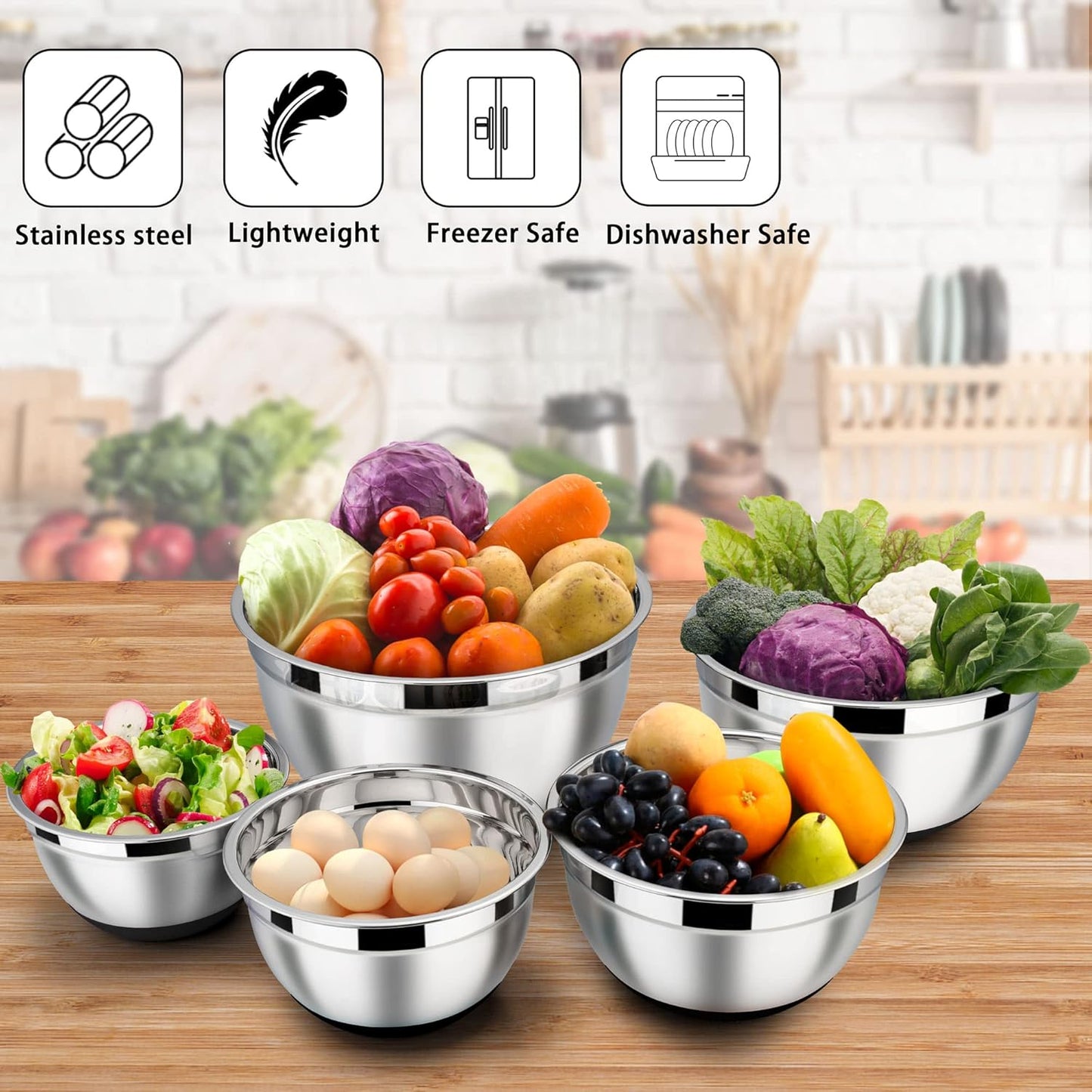 LIANYU Stainless Steel Nesting Mixing Bowls Set of 6, Size 7, 3.5, 2.5, 2, 1.5, 1QT, Large Metal Bowls with Airtight Lids, Ideal for Baking Cooking Food Storage, Non-slip Bottom, Black