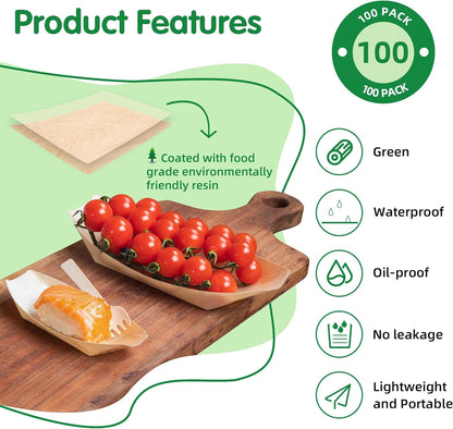 100-Pack Wooden Disposable Plates 6 IN Boat Plates Food Trays Disposable Dessert Plates Disposable Food Boats for Party Weddings Picnic (Actual Size Used: 3.39" D x 1.97" W x 0.63" H)
