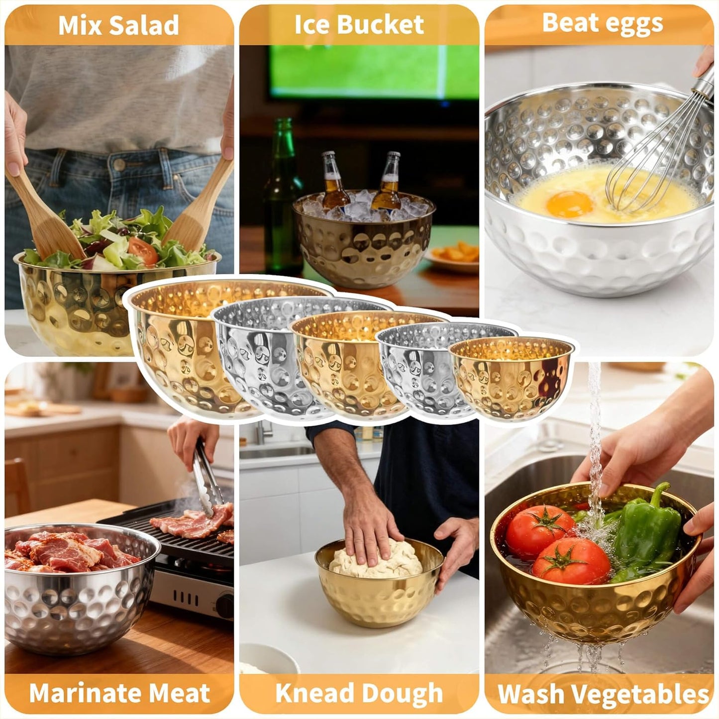 5-Piece Stainless Steel Mixing Bowls Set, Metal Hammered Gold Bowls for Kitchen, Cooking, Baking, Salad Prep, Food Storage, Reusable Nesting Design, 1.6-4.9 QT Capacity, Dishwasher Safe