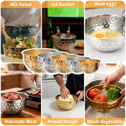 5-Piece Stainless Steel Mixing Bowls Set, Metal Hammered Gold Bowls for Kitchen, Cooking, Baking, Salad Prep, Food Storage, Reusable Nesting Design, 1.6-4.9 QT Capacity, Dishwasher Safe