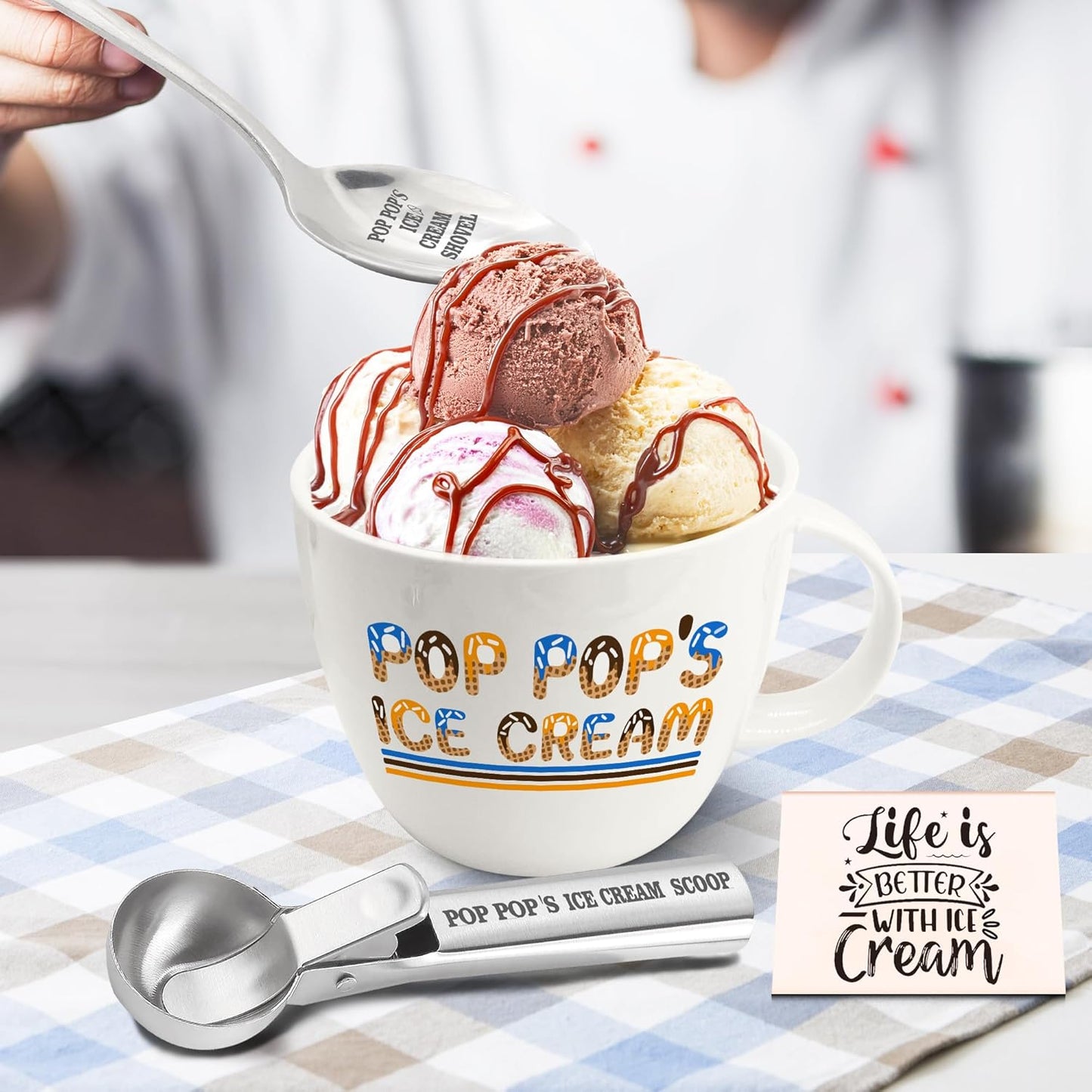 Christmas Pop Pop Gifts, Gifts for Poppop from Grandkids, Pop Pop's Ice Cream Bowl Scoop Shovel Spoon Set, Pop-Pop’s Ice Cream Gift, Ideal Xmas Birthday Father's Day Man Gifts