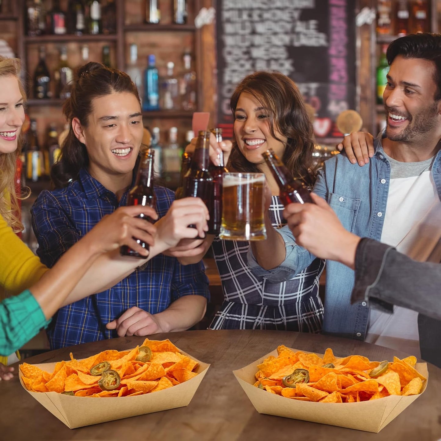 Ocmoiy 5lb Extra Large Paper Food Trays, 100 Pack Heavy Duty Kraft Food Boats Holders Disposable Serving Basket Trays for Nachos, Burgers, Tacos, Fries, Hot Dog, Sandwiches