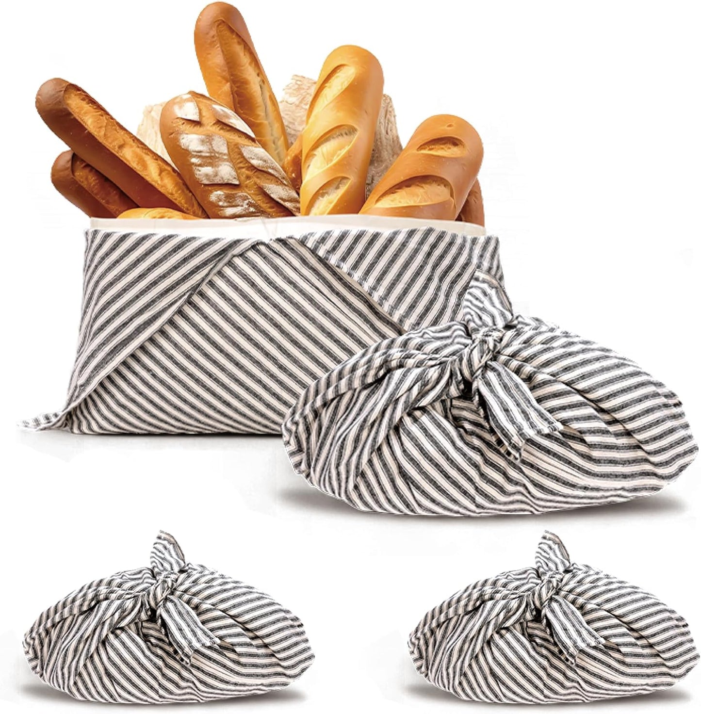 yeload 2 Pack Beeswax Bread Bags, Striped Linen Bento Bags, 14" Cotton Loaf Bag, Reusable Organic Food Storage, Sourdough Bag, Rustic Farmhouse Azuma Bukuro Origami Wrap for Baked Gifts (Black, 2)