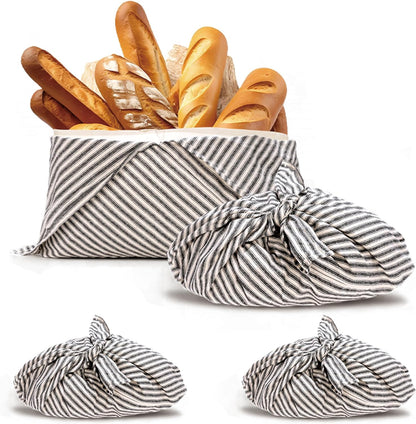 yeload 2 Pack Beeswax Bread Bags, Striped Linen Bento Bags, 14" Cotton Loaf Bag, Reusable Organic Food Storage, Sourdough Bag, Rustic Farmhouse Azuma Bukuro Origami Wrap for Baked Gifts (Black, 2)