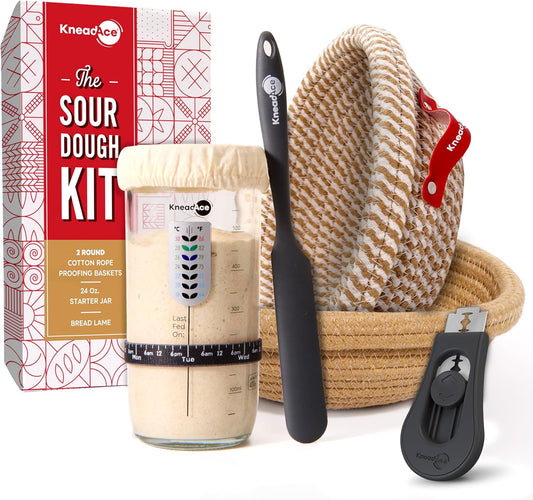 KneadAce Sourdough Starter Kit – 24oz Starter Jar, 2 Cotton Rope Banneton Proofing Baskets, Magnetic Bread Lame for Scoring – Gift for Bakers & Complete Sourdough Bread Baking Set
