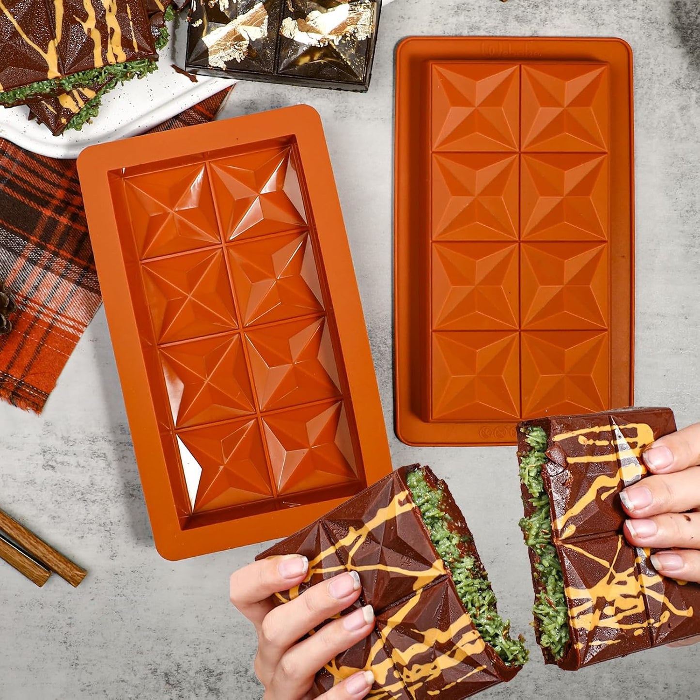 Webake 1 Inch Deep Dubai Chocolate Bar Mold Deep with Diamond Shapes, Silicone Large Stuffed Chocolate Bar Mold Thick, Big Chocolate Candy Bar Mold for Filling Knafeh Pistachio, Pack of 2