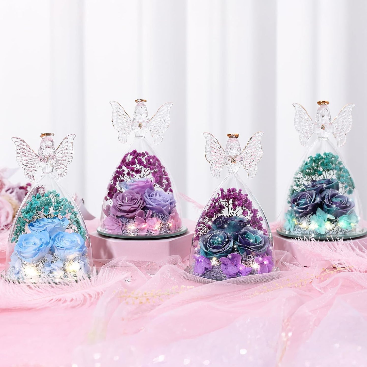 Christmas Rose Gifts for Women Preserved Real Flower in Glass Angel Figurines Roses for Delivery Prime Birthday Gifts for Mom Grandma Girlfriend Wife Her, GlitterBluePurple