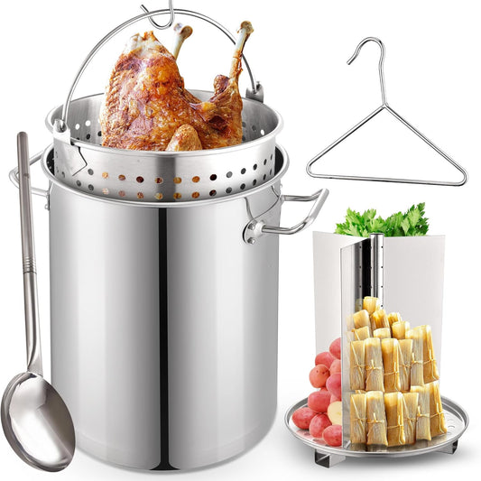 ARC Large Stainless Steel Stockpot with Mixing Paddle for Seafood Boiler Crawfish Pot with Basket and Steam Rack, Stir Paddle for Cooking Crab Lobster Shrimp, and Tamales (32qt+36"spoon, spoon)