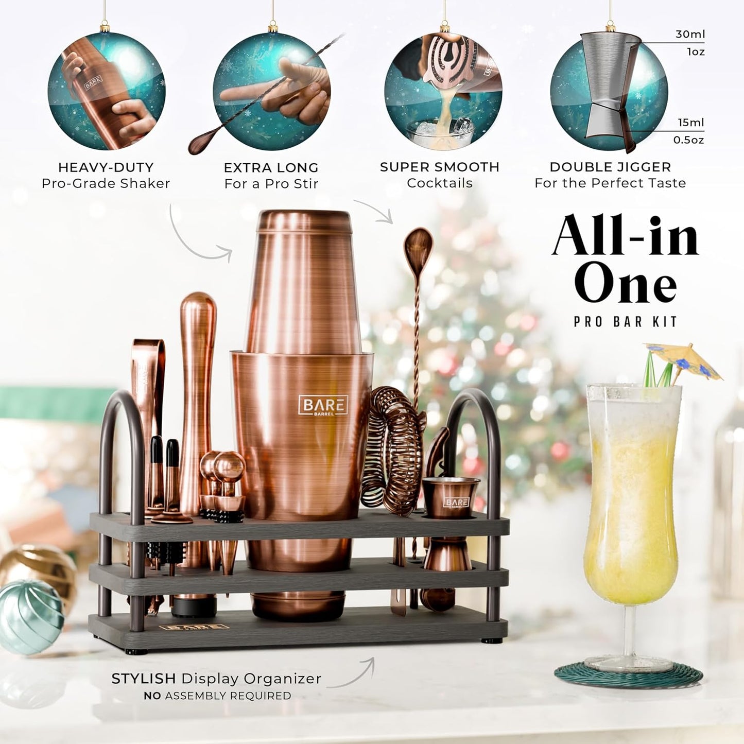 BARE BARREL® Mixology Bartender Kit Bar Set | 14-Piece Cocktail Shaker Set | Martini Barware Mixing Tools for Home Bartending | 35 Recipe Cards | Gift Set (28oz Boston Shaker, Copper/Black)