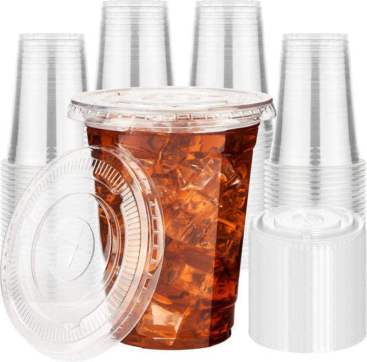 YEEHAW 16 oz 100 Pack Disposable Iced Coffee Cups with Lids, Clear Plastic Cups with Lids, Cold Crystal Drink Cup for Party