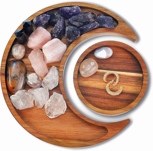 Moon Tray Acaica Wood Crystal Holder for Stones Healing Crystals Storage and Organizer Crescent Bowl Witchy Crystal Display Essential Oil Holder Moon Jewelry Dish (Acacia Wood 1)