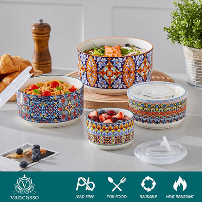 vancasso Mixing Bowls with Lids Set of 4, Ceramic Nesting Bowls Serving Bowl for Food Storage, Microwave and Dishwasher Safe, 60/36/20/10 OZ, Series SIMI