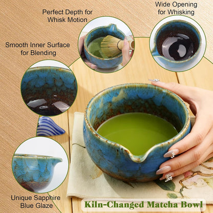 HEYMKGO Matcha Whisk Set 8 Pcs, Sapphire Blue Matcha Bowl with Spout, Bamboo Whisk & Holder, Scoop, Scoop Rest, Sifter, Bamboo Spoon & Tea Towel - Traditional Japanese Matcha Tea Ceremony Kit
