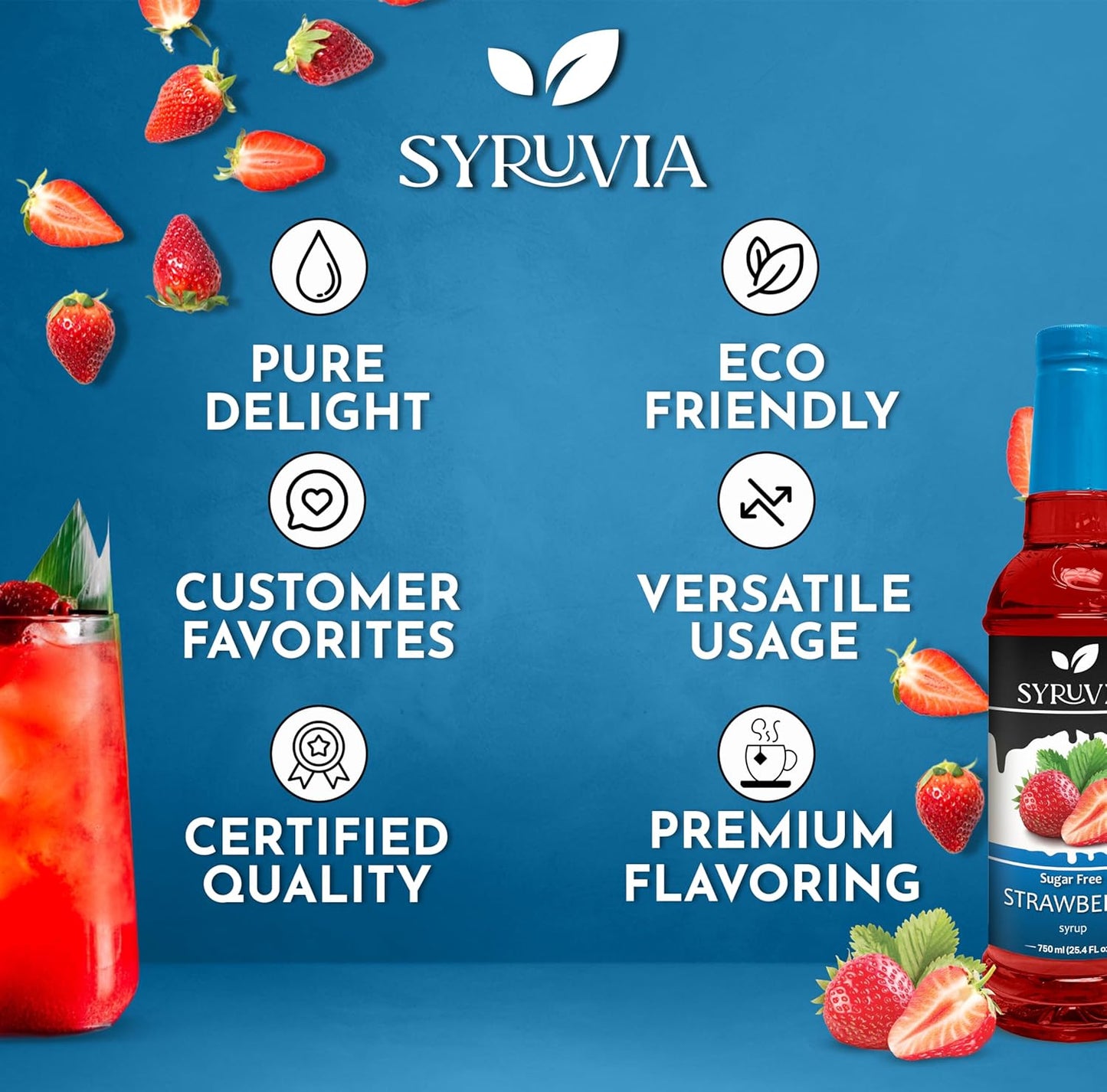 Syruvia Sugar-Free Strawberry Syrup, Flavored Syrup for Drinks, Cocktails, Lemonades, Iced Teas, and Desserts – 25.4 fl oz