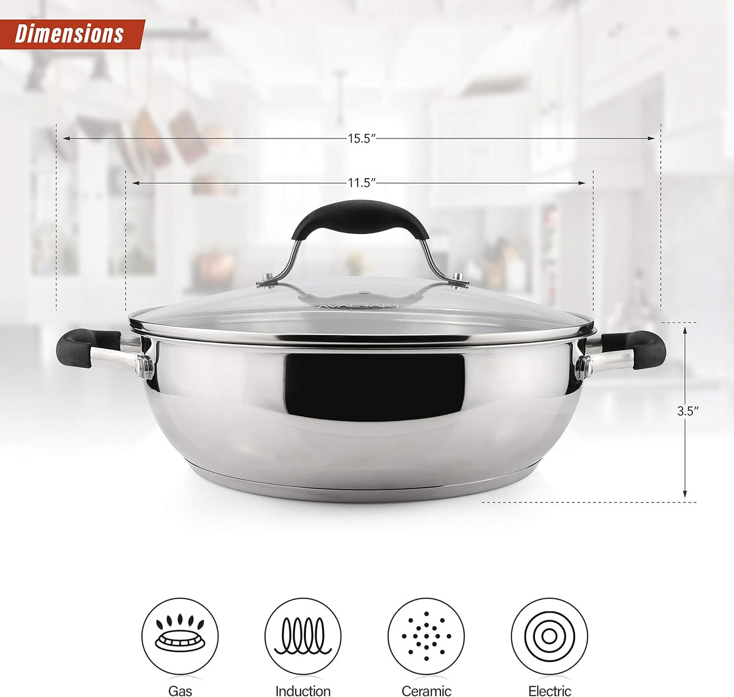 AVACRAFT 18/10 Stainless Steel Everyday Pan, Stir Fry, Five-Ply Base, Glass Lid, Multipurpose Stewpot Skillet, Saute, Casserole (11" Top Diameter, 8" Base Diameter)