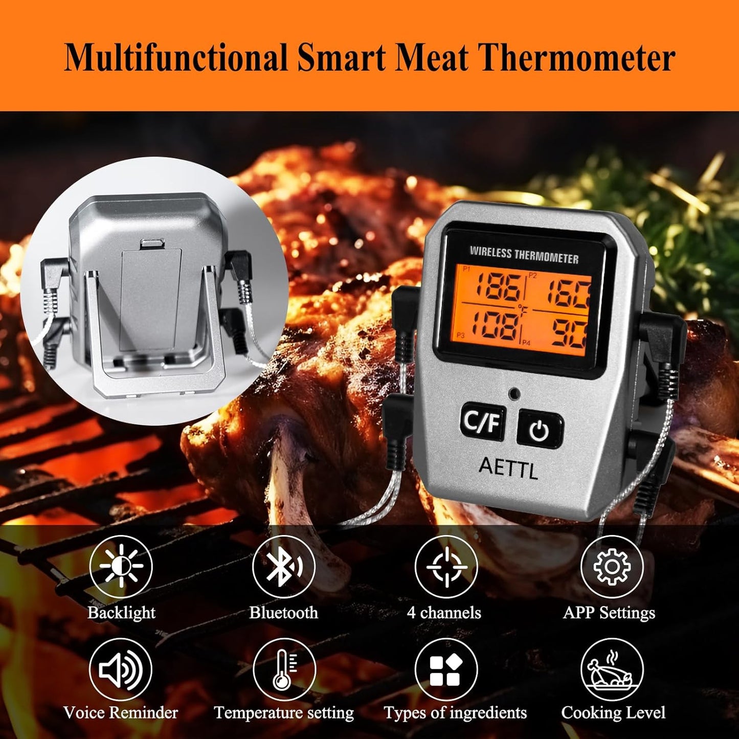 Wireless Digital Meat Thermometer,Instant Read Food Thermometer with LCD Display and 4 Stainless Probes,Advanced Electronic Thermometer Waterproof for BBQ Cooking Kitchen Outside Grill