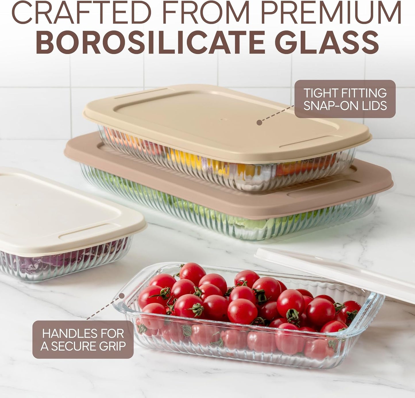 COOK WITH COLOR 8-Piece Deep Glass Baking Dish Set with Plastic Lids – Casserole and Food Storage Containers for Lasagna, Leftovers – Freezer-to-Oven, Microwave & Dishwasher Safe, Brown