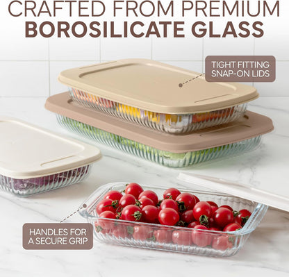 COOK WITH COLOR 8-Piece Deep Glass Baking Dish Set with Plastic Lids – Casserole and Food Storage Containers for Lasagna, Leftovers – Freezer-to-Oven, Microwave & Dishwasher Safe, Brown