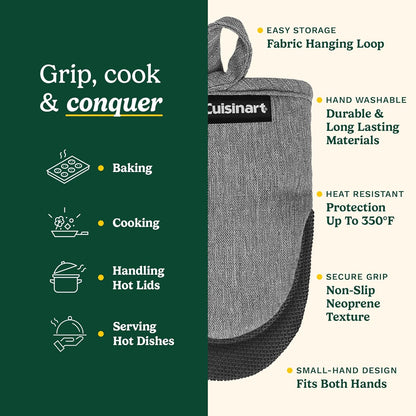 Cuisinart Mini Oven Mitts – 5.5” x 7” Heat-Resistant Kitchen Mitts for Oven with Non-Slip Neoprene Palm, Cotton Filling, and Fabric Loop – Durable Oven Mitt Set for Cooking & Baking (Black)