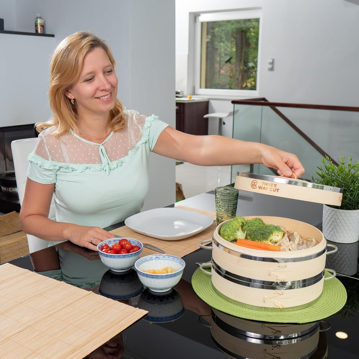 Dumpling Bamboo Steamer 10 Inch 2 Tier Wooden Basket With Handle, Reusable Silicone Liner, Kit For Cooking Baby Bao Bun, Dim Sum, Rice Potsticker Steaming Chinese Asian Food & Vegetables