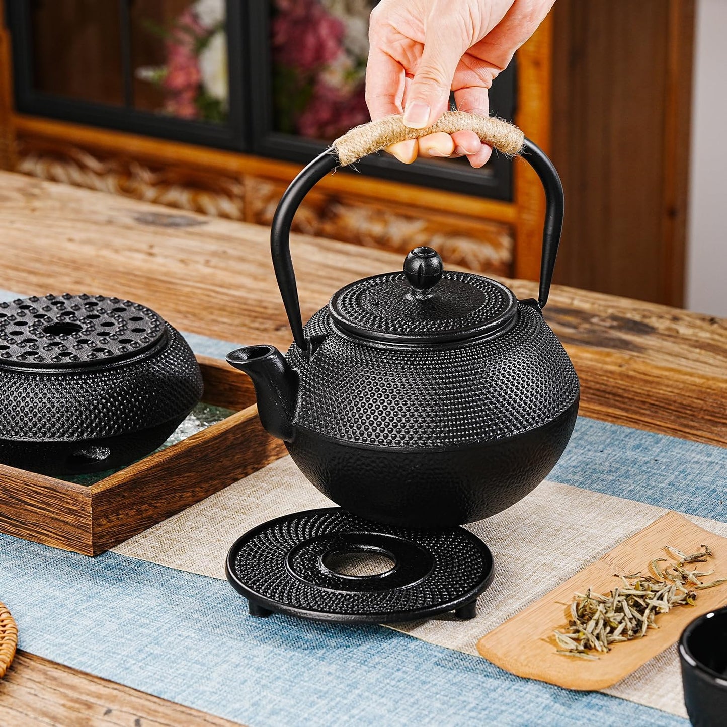 Sungmor Black Cast Iron Teapot Trivet - Heat-Resistant Japanese Tea Pot Stand, Textured Anti-Slip Base for Table and Counter Protection