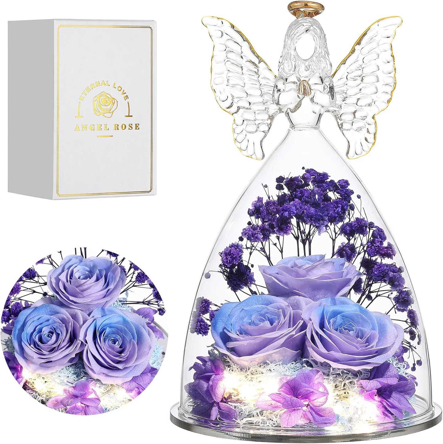 Christmas Rose Gifts for Women Preserved Real Flower in Glass Angel Figurines Roses for Delivery Prime Birthday Gifts for Mom Grandma Girlfriend Wife Her, BluePurple