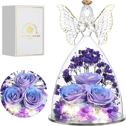 Christmas Rose Gifts for Women Preserved Real Flower in Glass Angel Figurines Roses for Delivery Prime Birthday Gifts for Mom Grandma Girlfriend Wife Her, BluePurple
