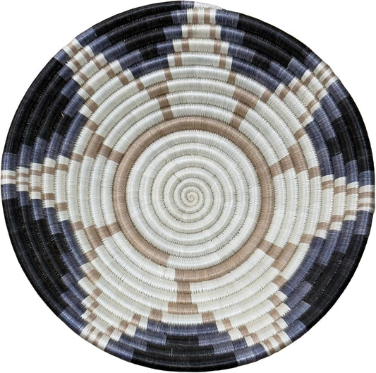 Handwoven African Basket Handmade sisal Fruit Bowl Wall Hanging decorative Baskets for Home Living Room Kitchen Centerpiece Zen Designs Arts and Crafts (Black Beige Floral, 8in diameter)