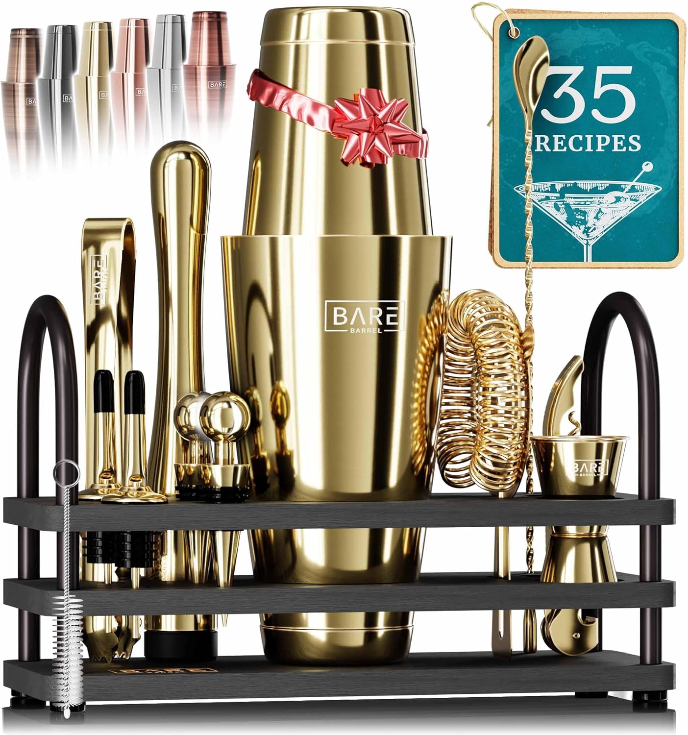 BARE BARREL® Mixology Bartender Kit Bar Set | 14-Piece Cocktail Shaker Set | Martini Barware Mixing Tools for Home Bartending | 35 Recipe Cards | Gift Set (28oz Boston Shaker, Gold/Black)