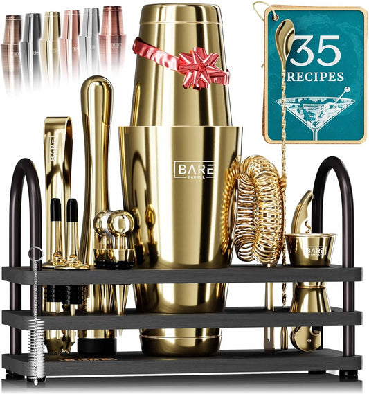 BARE BARREL® Mixology Bartender Kit Bar Set | 14-Piece Cocktail Shaker Set | Martini Barware Mixing Tools for Home Bartending | 35 Recipe Cards | Gift Set (28oz Boston Shaker, Gold/Black)